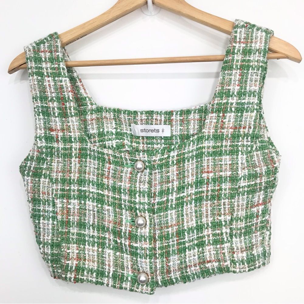 Storets DIANA Green White Plaid Tweed Pearl Button Crop Tank